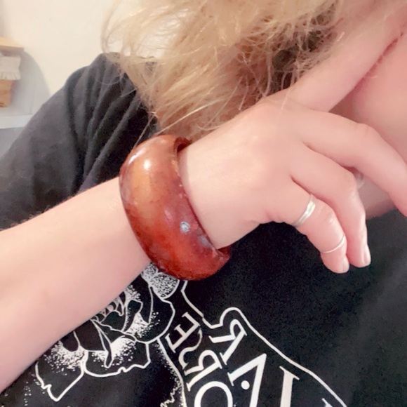 Firery Amber Wide Bangle Bracelet Handcrafted Epoxy Resin Jewelry - Picture 13 of 13